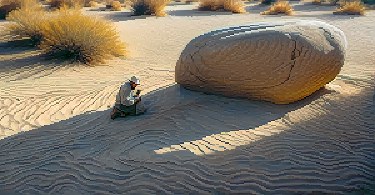 A sculptor carving stone outdoors in a dry landscape, using innovative dry carving techniques under the sun.
