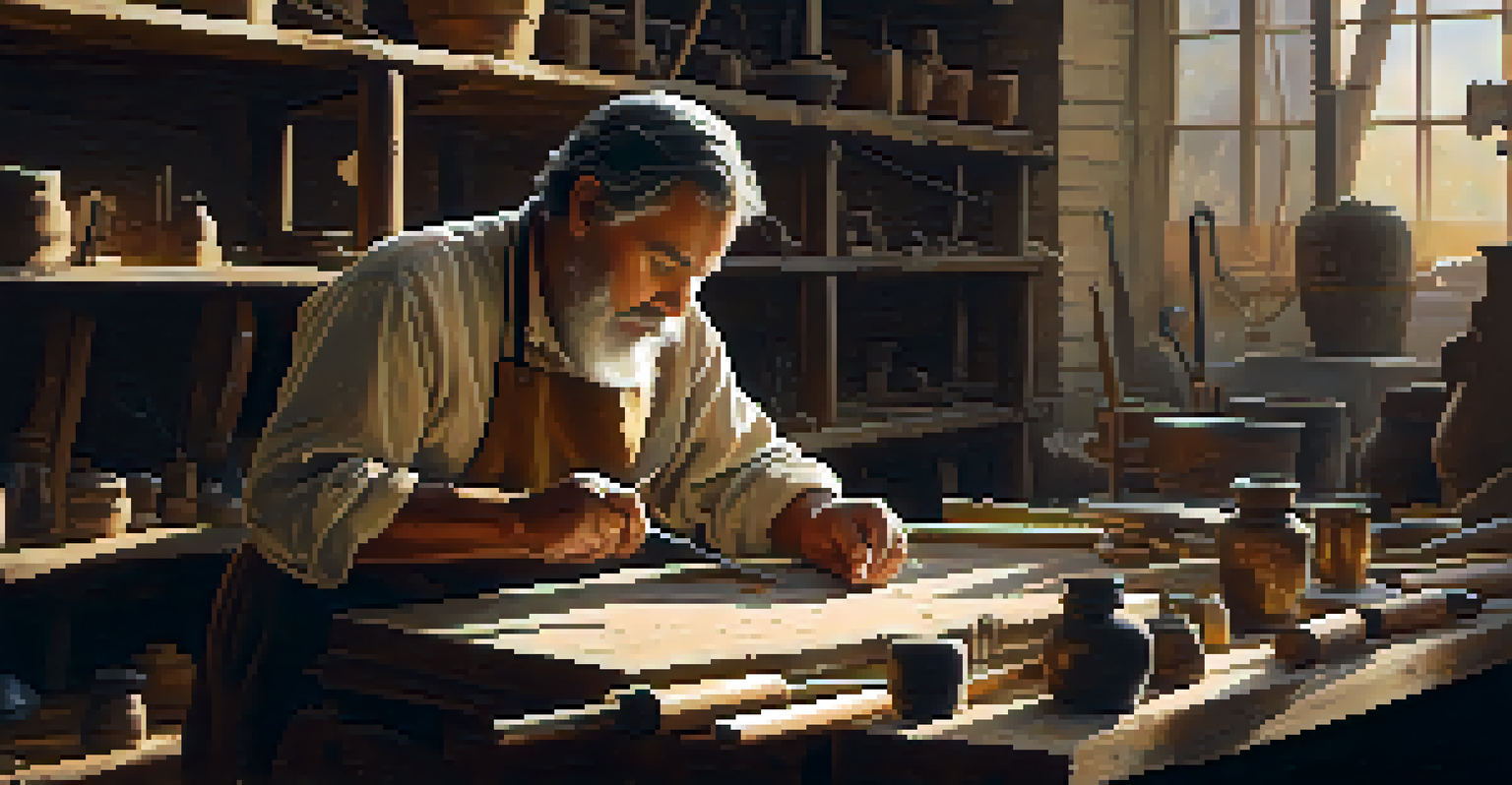 An artisan working on restoring a historical artifact with a chisel in a sunlit workshop, surrounded by artifacts and tools.