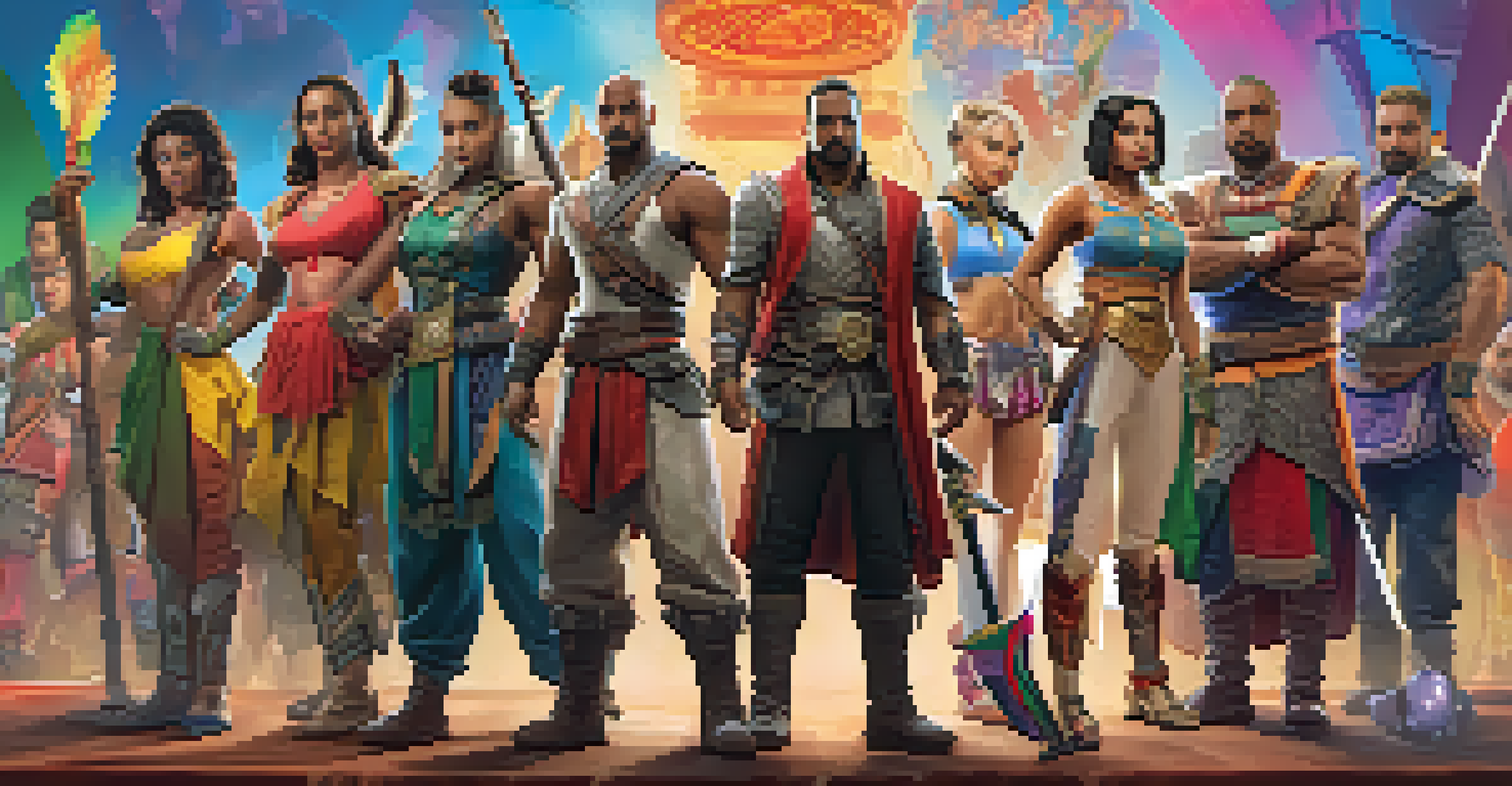 A diverse group of game characters with unique features and cultural attire, posed dynamically against a colorful game backdrop.