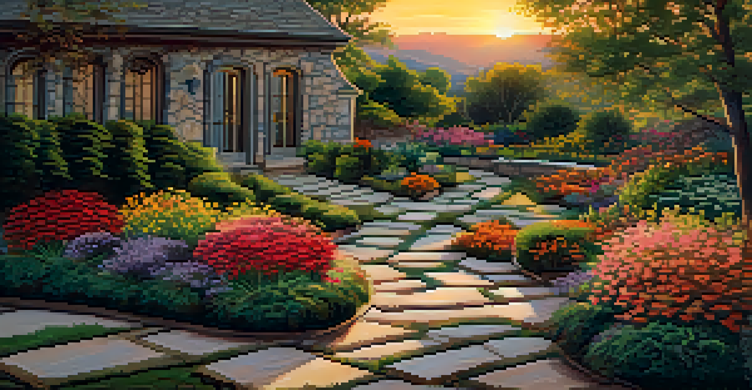 A winding stone pathway in a garden, with carved markers and a sunset illuminating the scenery.
