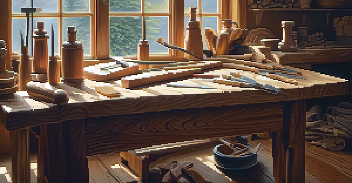 A workshop with a workbench filled with wood carving tools, illuminated by natural light, showcasing wood pieces.
