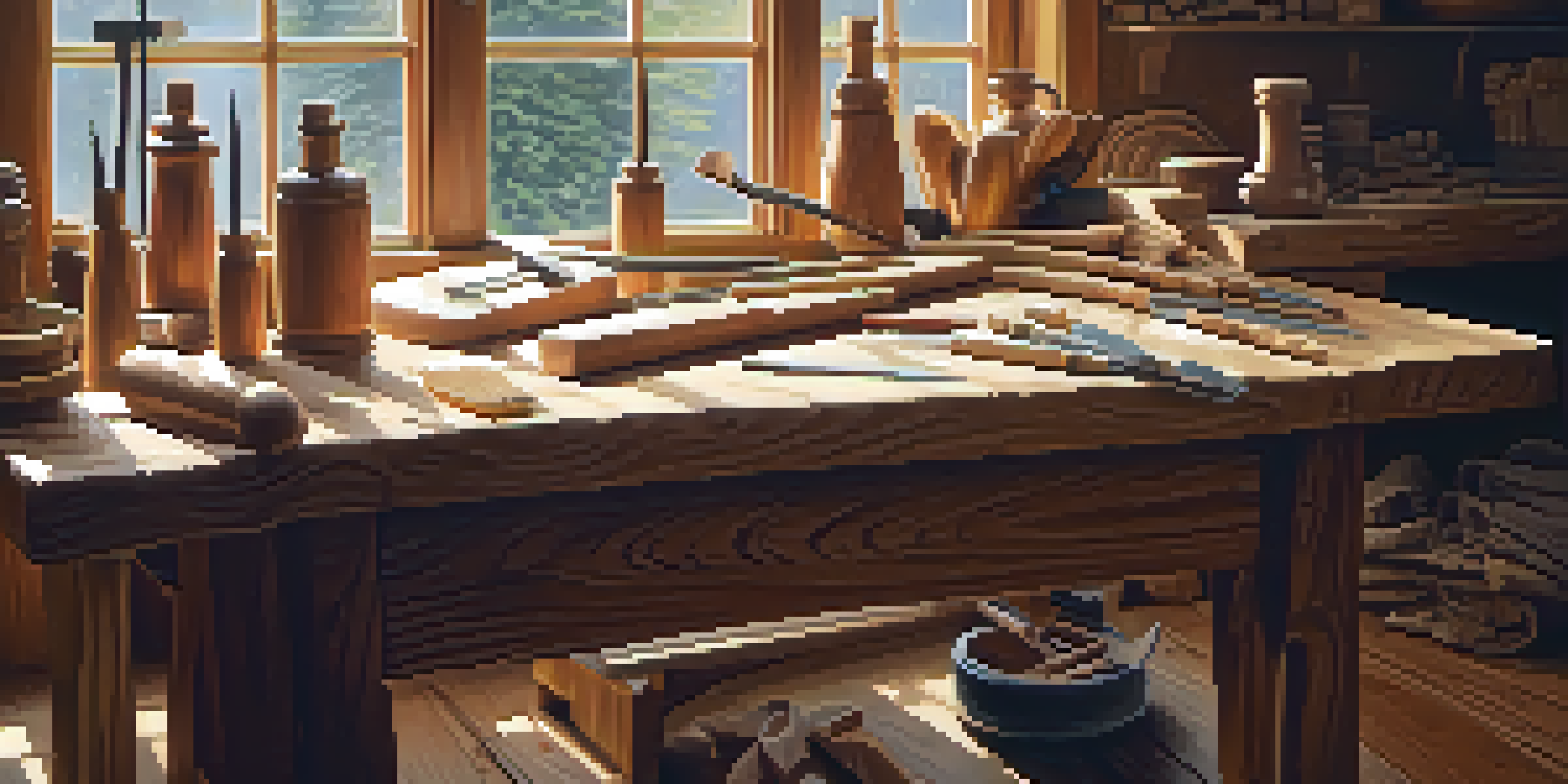 A workshop with a workbench filled with wood carving tools, illuminated by natural light, showcasing wood pieces.