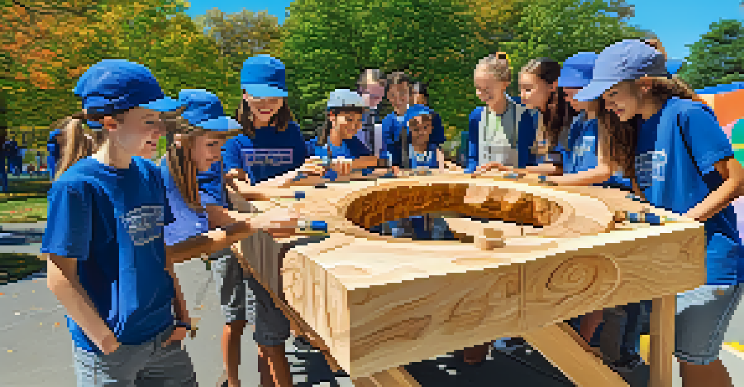 A group of middle school students working together on a large outdoor carving project, surrounded by trees and a blue sky.