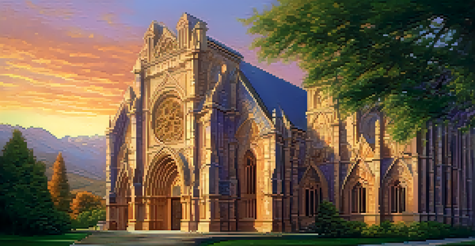 A beautifully carved stone cathedral bathed in sunset light, with intricate details and a lush green foreground.