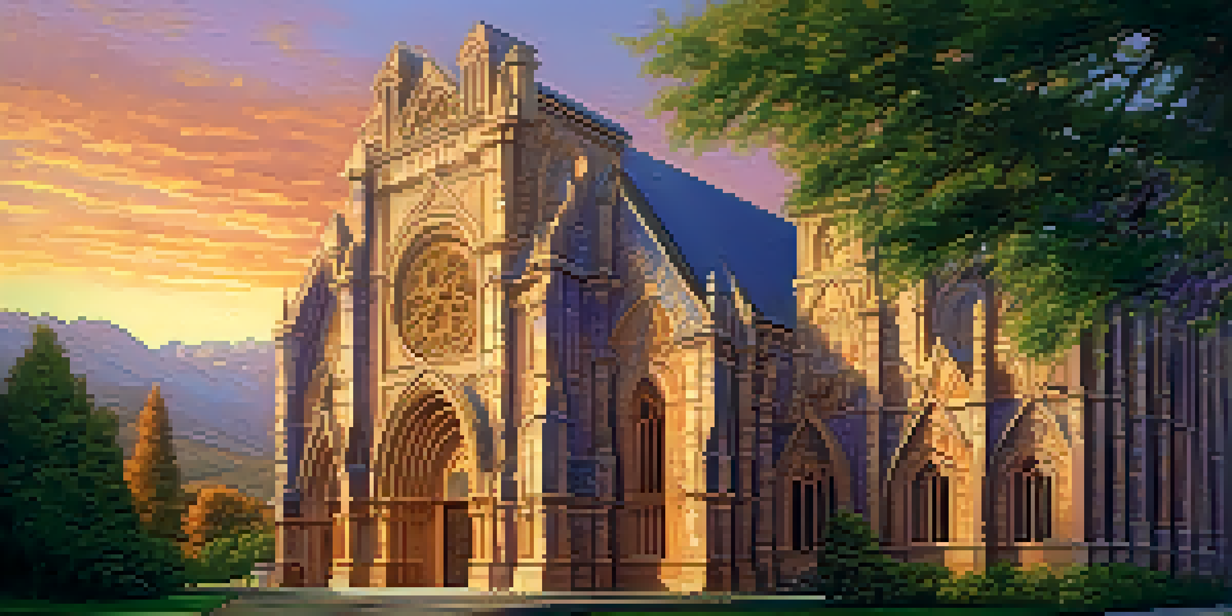 A beautifully carved stone cathedral bathed in sunset light, with intricate details and a lush green foreground.