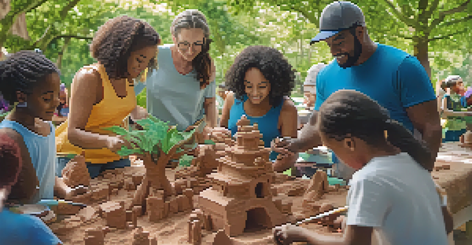 A diverse group of people of various ages collaborating on a large clay sculpture in a sunny park, surrounded by greenery and art tools.
