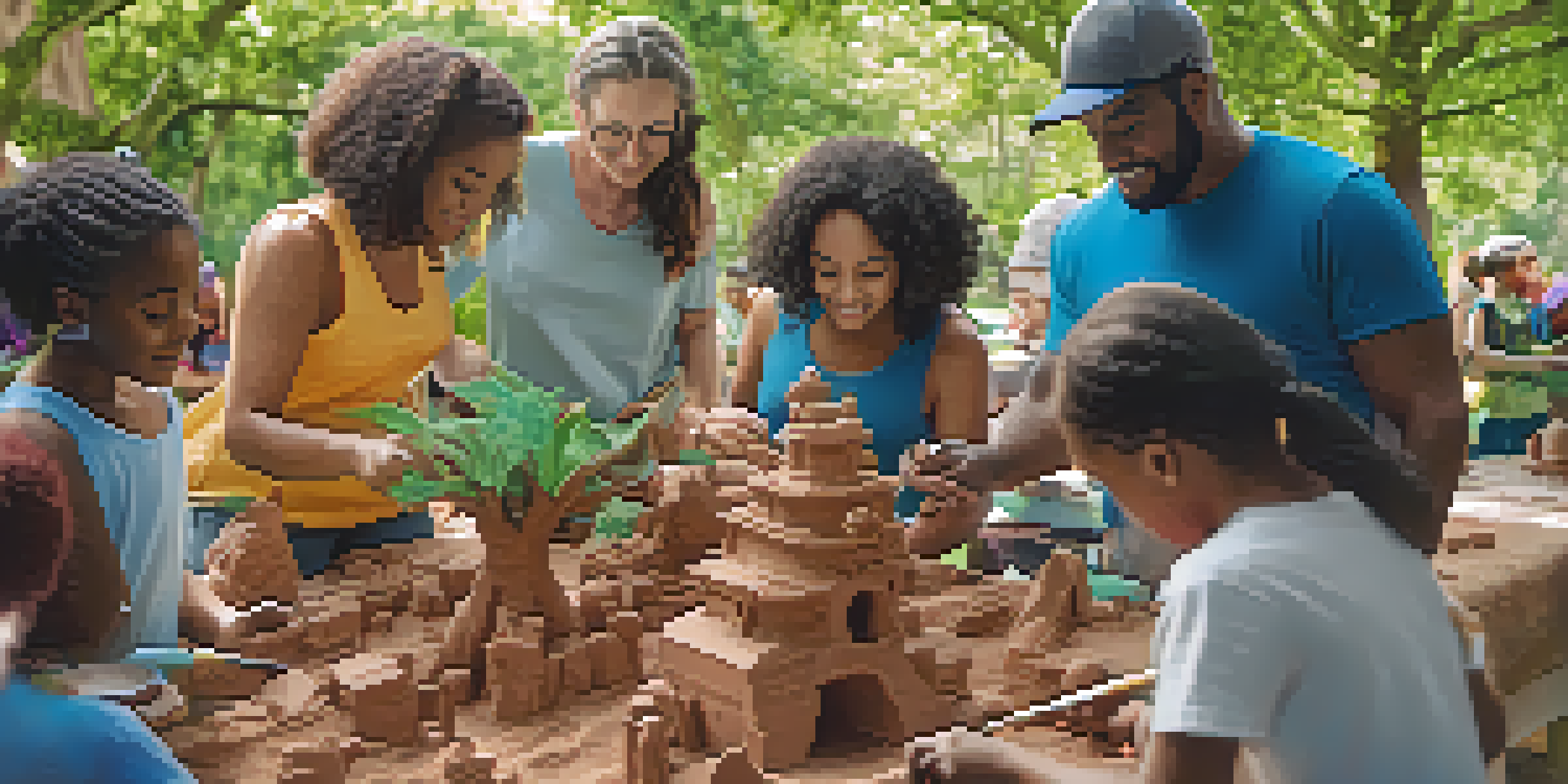 A diverse group of people of various ages collaborating on a large clay sculpture in a sunny park, surrounded by greenery and art tools.