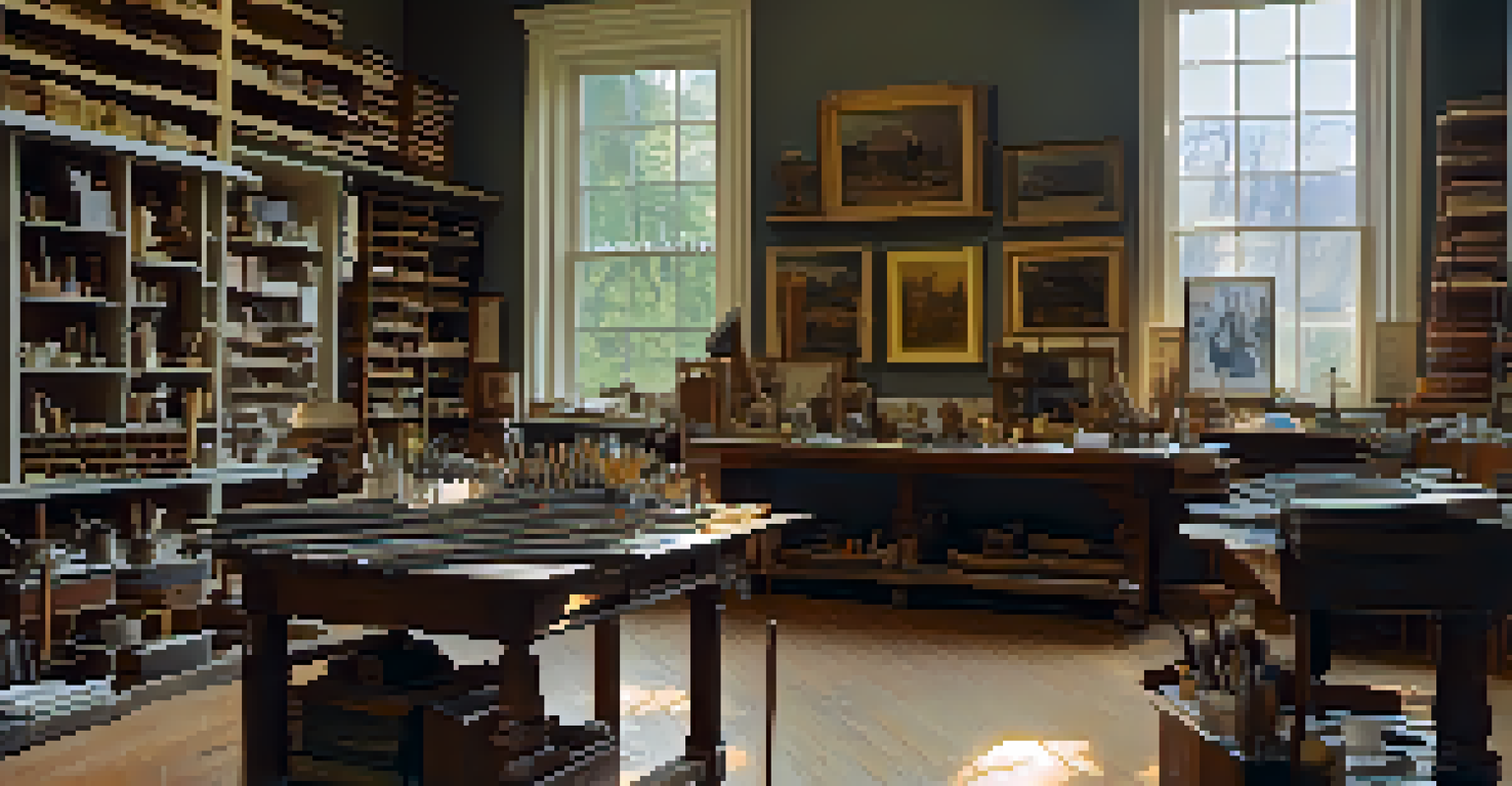 An artist's studio showing art conservation tools and a partially restored sculpture, with a warm and inviting atmosphere.