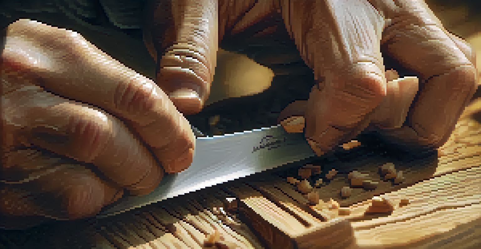 A close-up of hands holding a carving knife making a stop cut on wood, highlighting the knife and the textured wood surface.