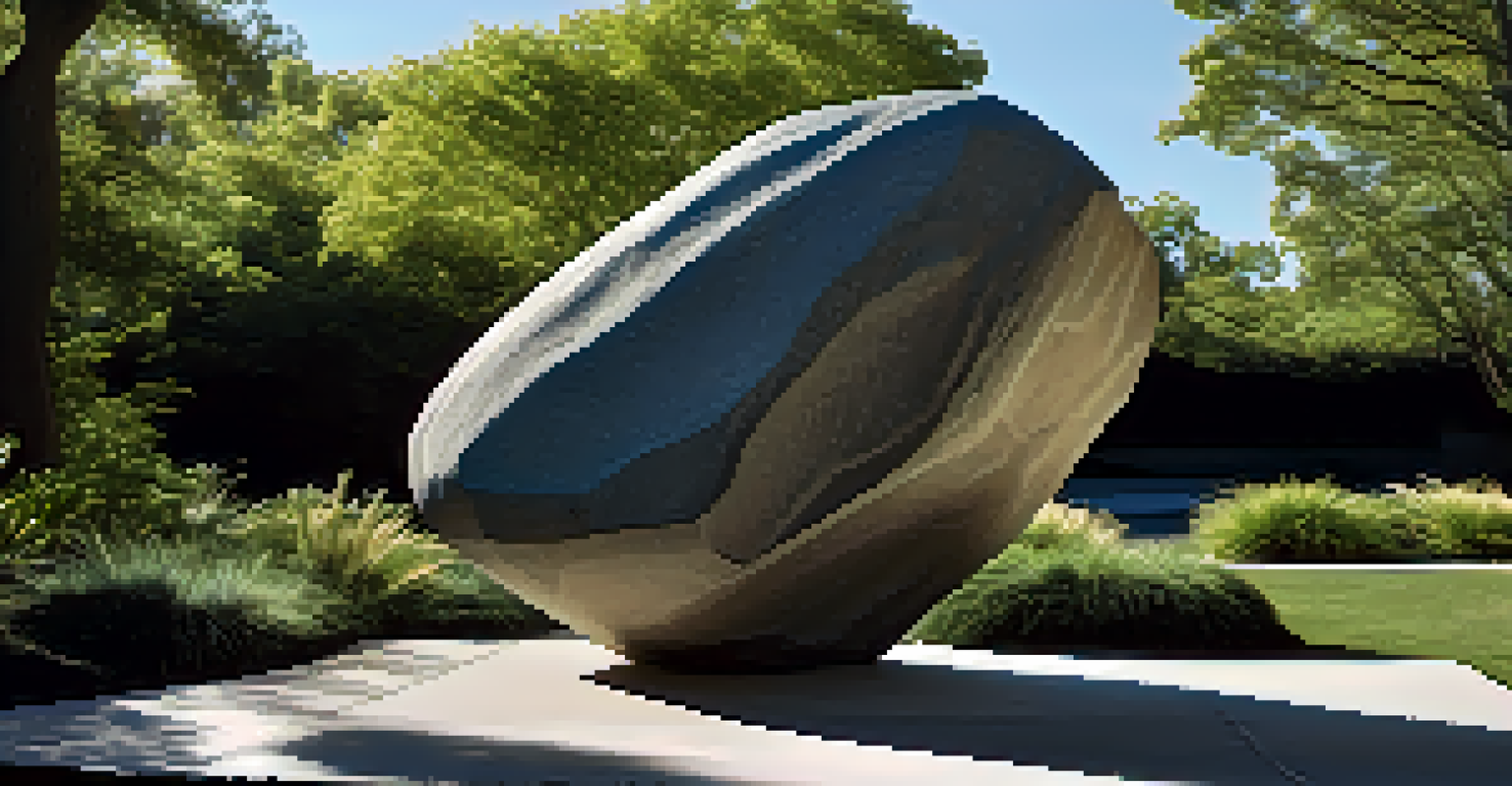 A large abstract stone sculpture in a green outdoor setting with clear blue sky and sunlight creating shadows on the stone.
