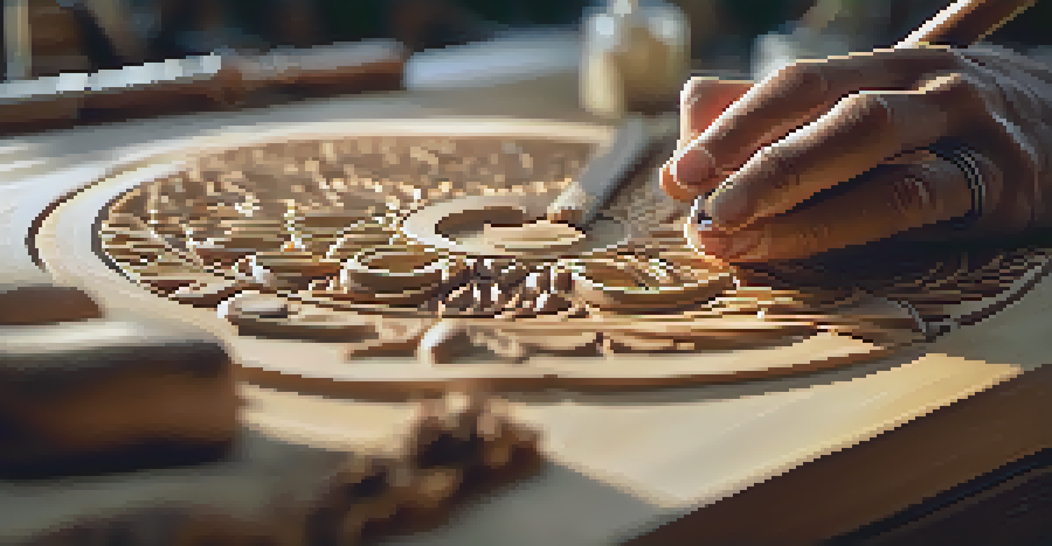 An artist's hands carving wood with a tool, showing the detailed work and natural light illuminating the scene.