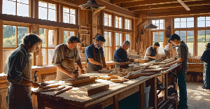 A diverse group of individuals in a bright workshop, engaged in wood carving with tools and finished projects around them.