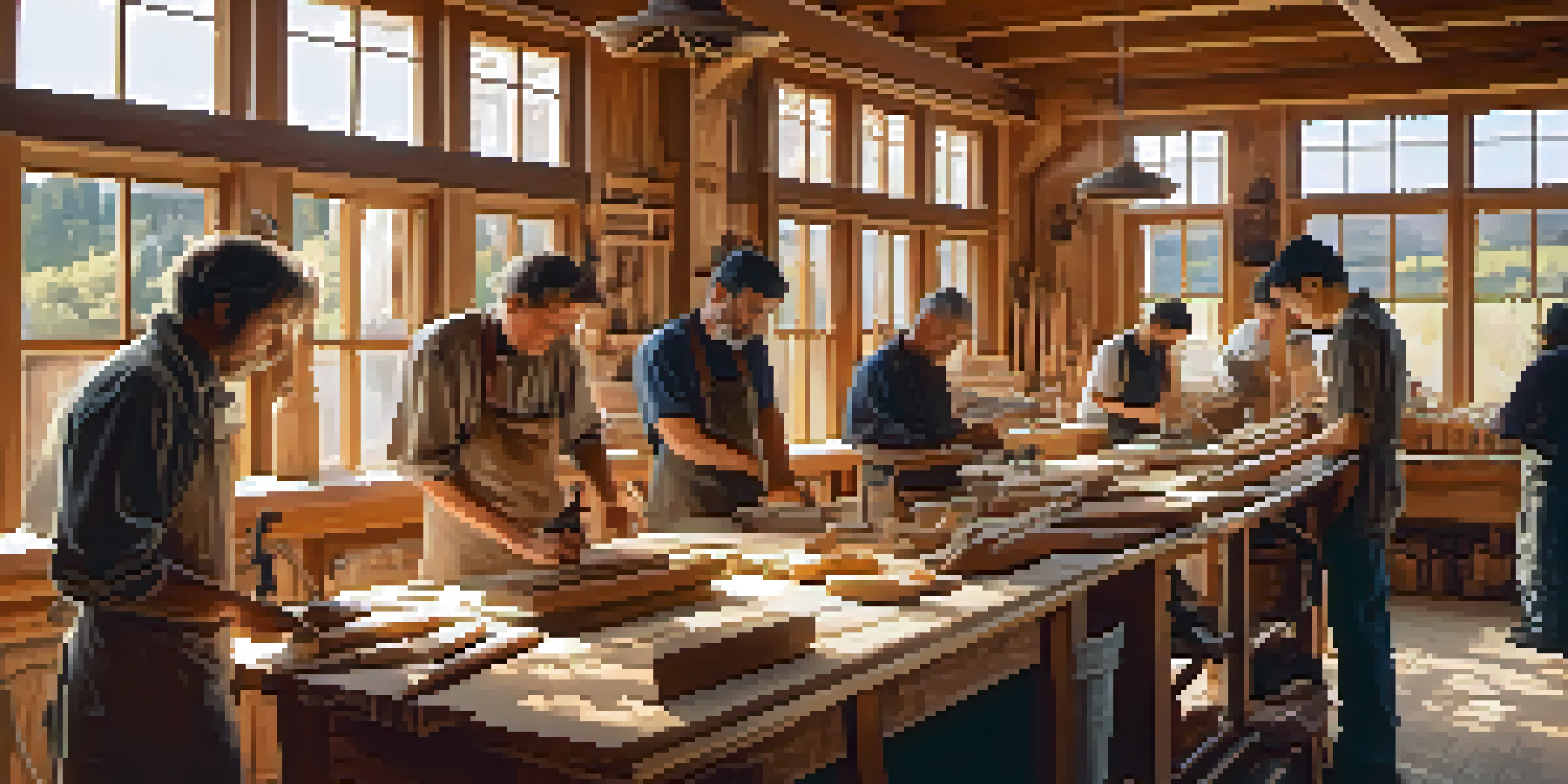 A diverse group of individuals in a bright workshop, engaged in wood carving with tools and finished projects around them.