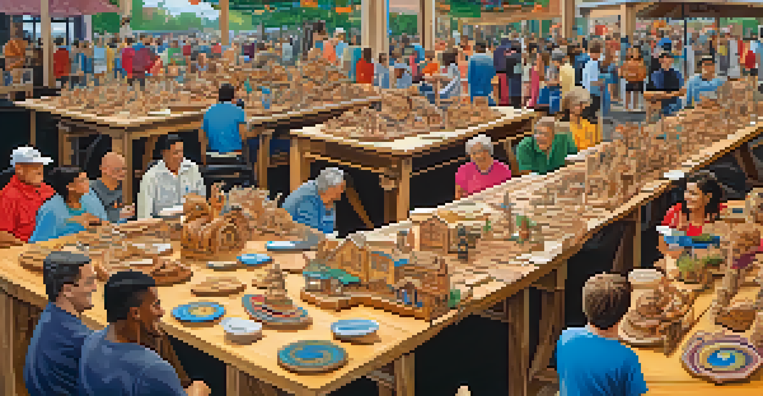 A community showcase featuring diverse woodcarvings displayed on tables, with neighbors admiring the art and sharing stories.
