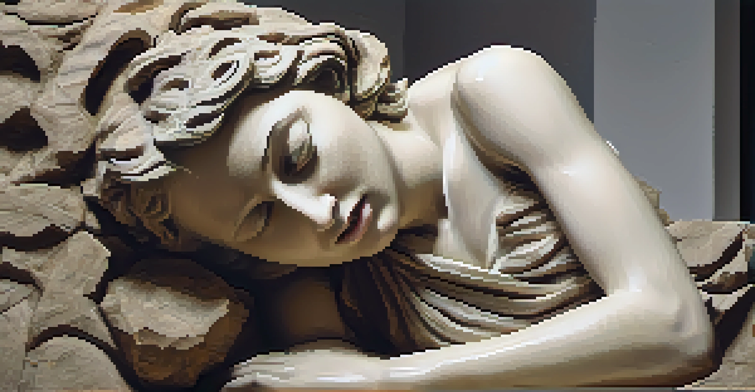 A detailed close-up of a stone sculpture depicting a figure in anguish, with intricate textures and a blurred gallery background.