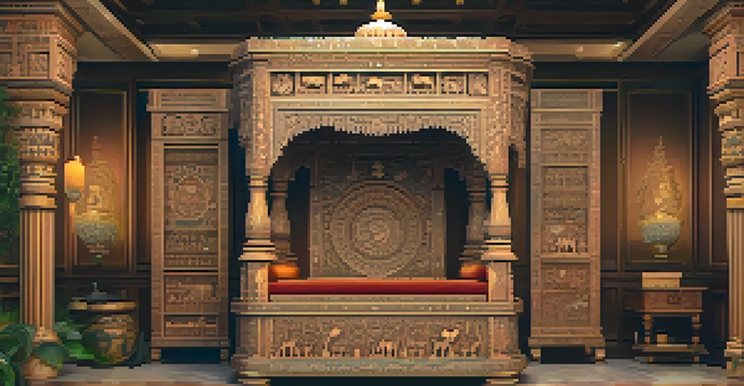 An ornate Indian carved furniture piece depicting intricate mythological scenes in a warmly lit room.