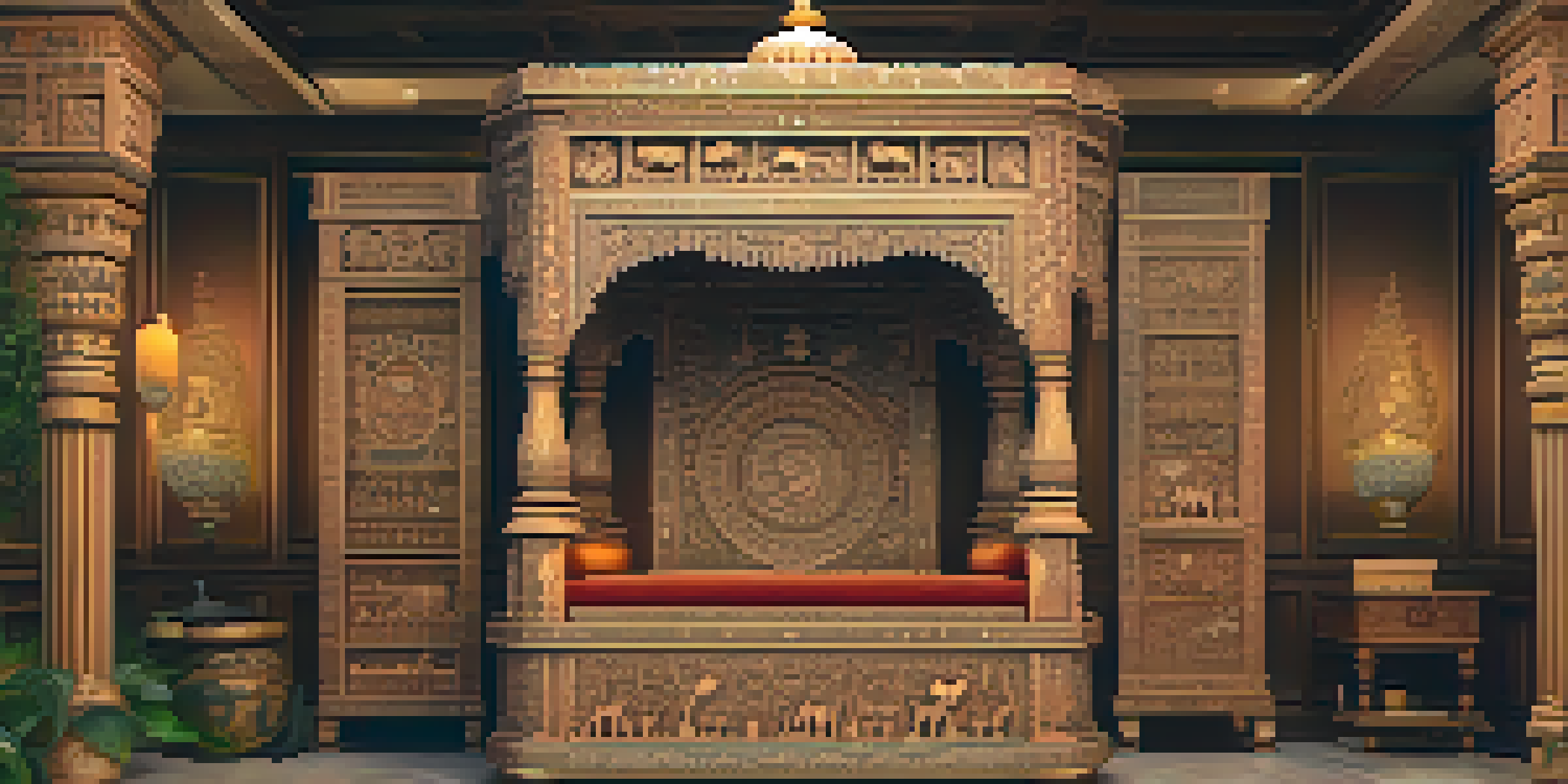 An ornate Indian carved furniture piece depicting intricate mythological scenes in a warmly lit room.