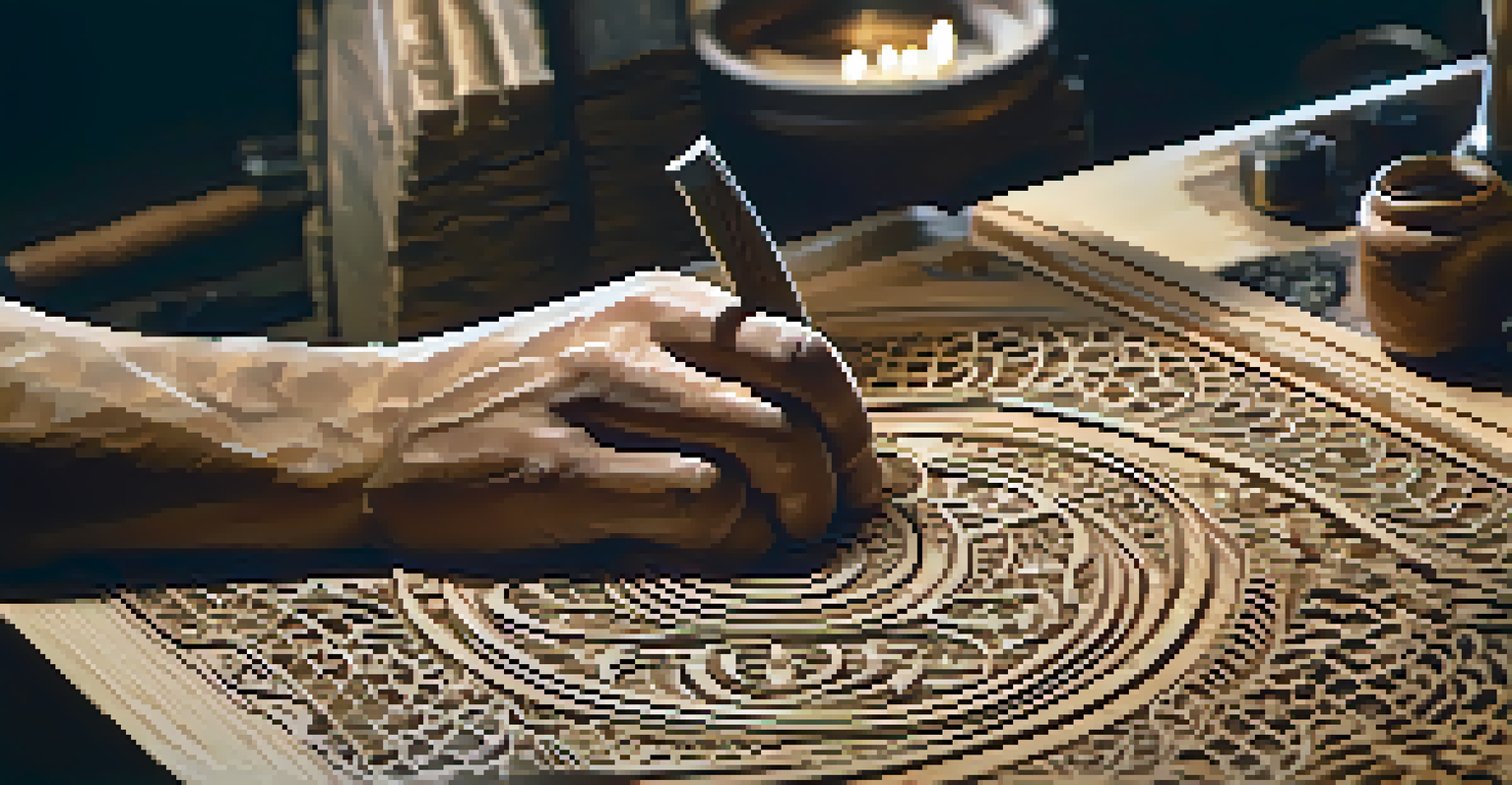 A close-up of hands carving intricate designs into wood, showcasing the craftsmanship and focus of the artisan.