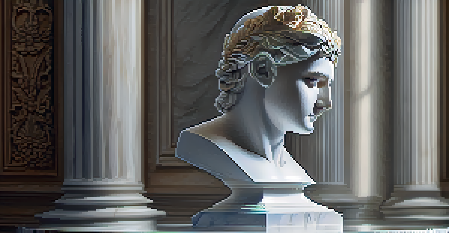 A marble sculpture with detailed carvings, dramatically lit to emphasize textures and placed on a pedestal with a blurred background.