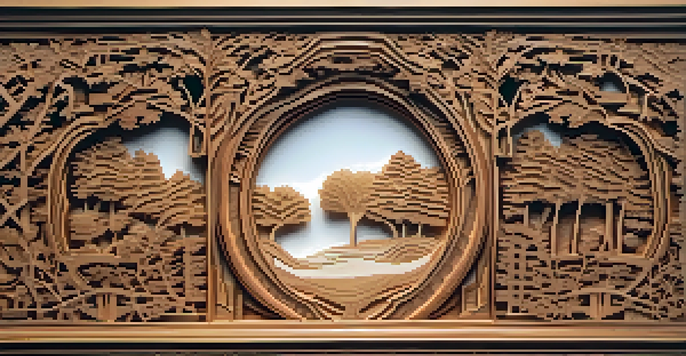 A detailed wooden panel with a carved forest scene and intricate borders, illuminated by soft natural light.
