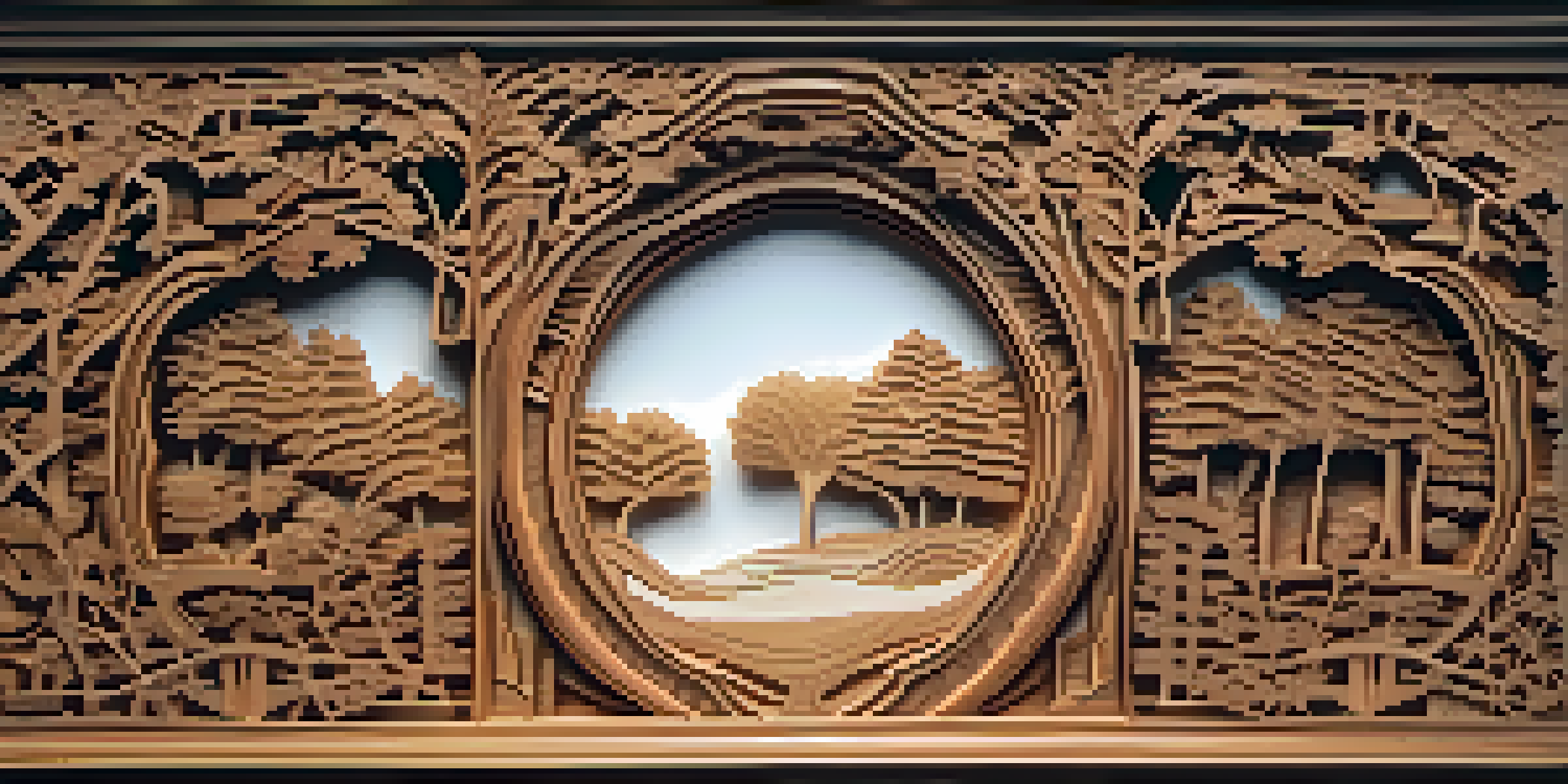 A detailed wooden panel with a carved forest scene and intricate borders, illuminated by soft natural light.