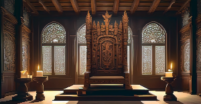 A detailed wooden throne with intricate carvings of mythical creatures, illuminated by flickering candlelight in a medieval room.