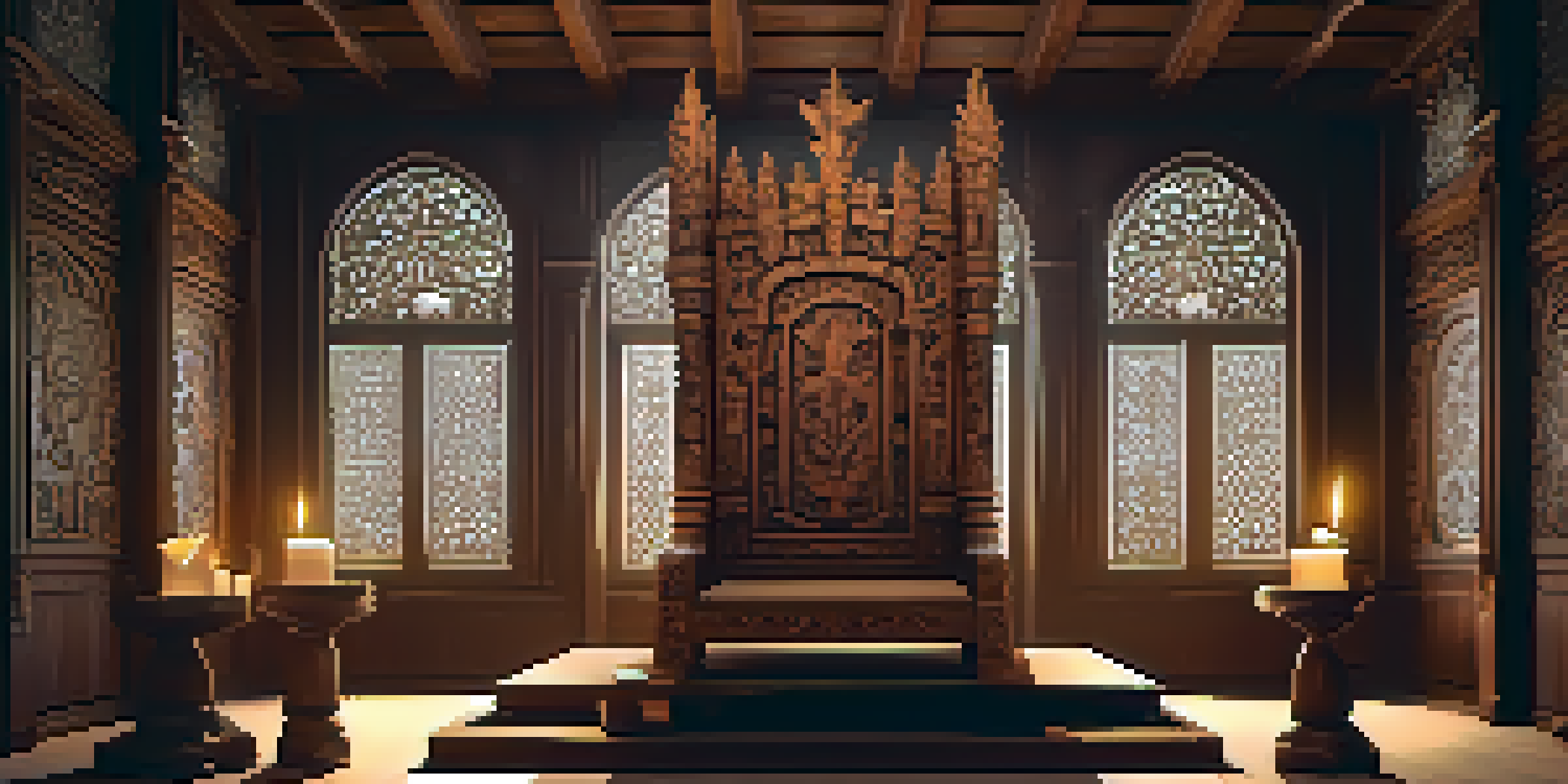 A detailed wooden throne with intricate carvings of mythical creatures, illuminated by flickering candlelight in a medieval room.