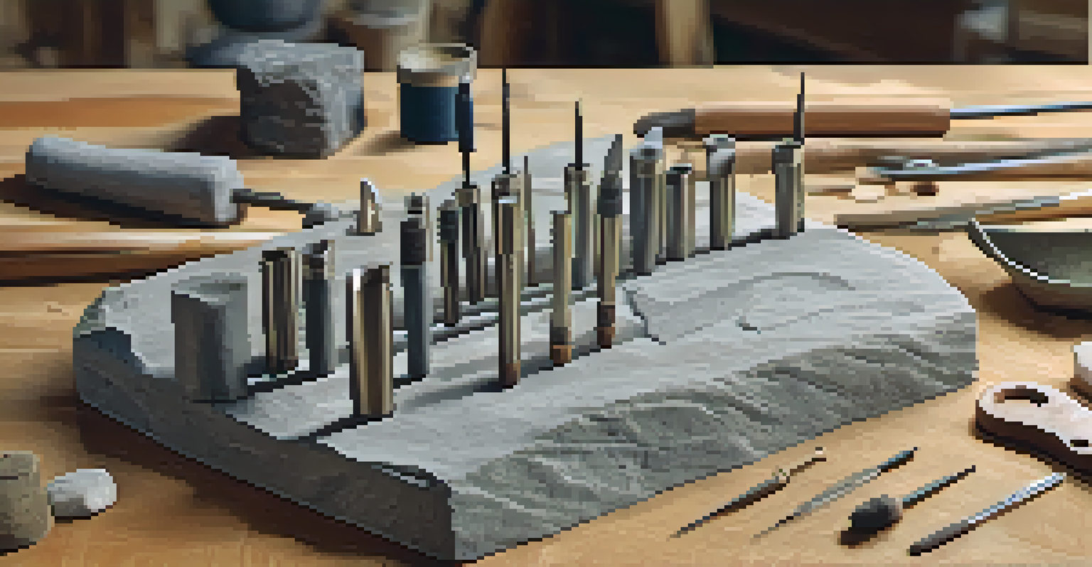 A detailed close-up of a stone carving tool kit on a wooden bench, featuring chisels and a partially carved stone sculpture.