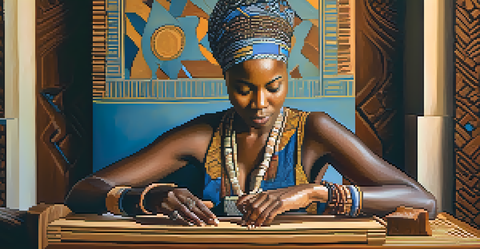 A woman focused on carving a wooden block, surrounded by colorful traditional African sculptures, with warm lighting accentuating the scene.