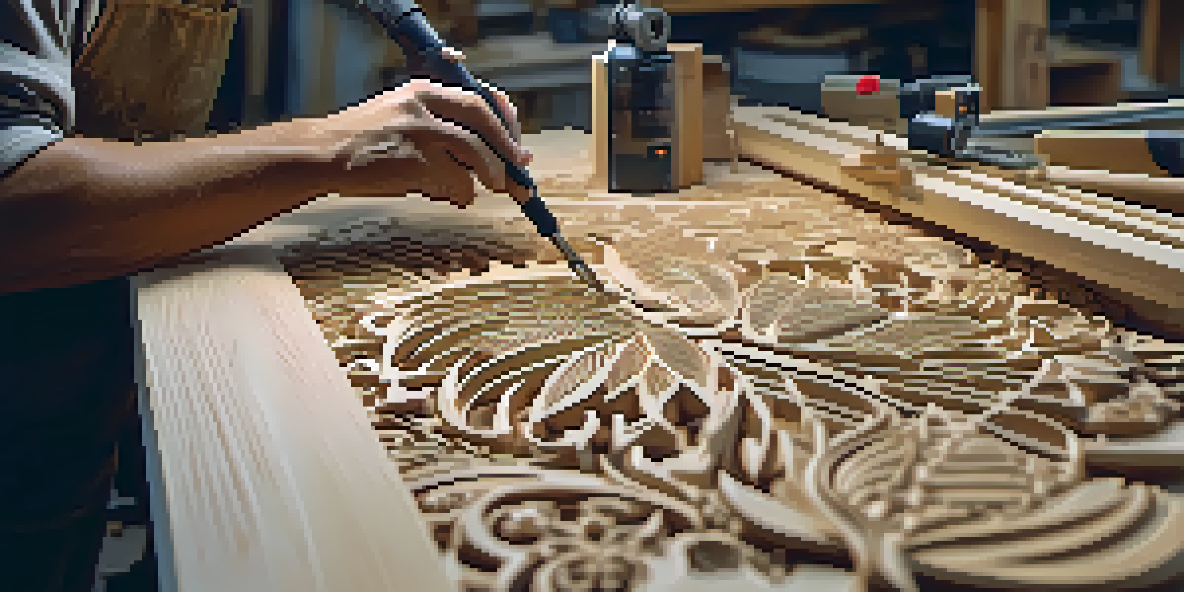 An artisan working with a CNC router, creating intricate wooden carvings in a well-lit workshop filled with tools and wood pieces.