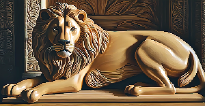 A detailed wooden carving of a lion with realistic fur and expression, illuminated with soft lighting against a blurred background.