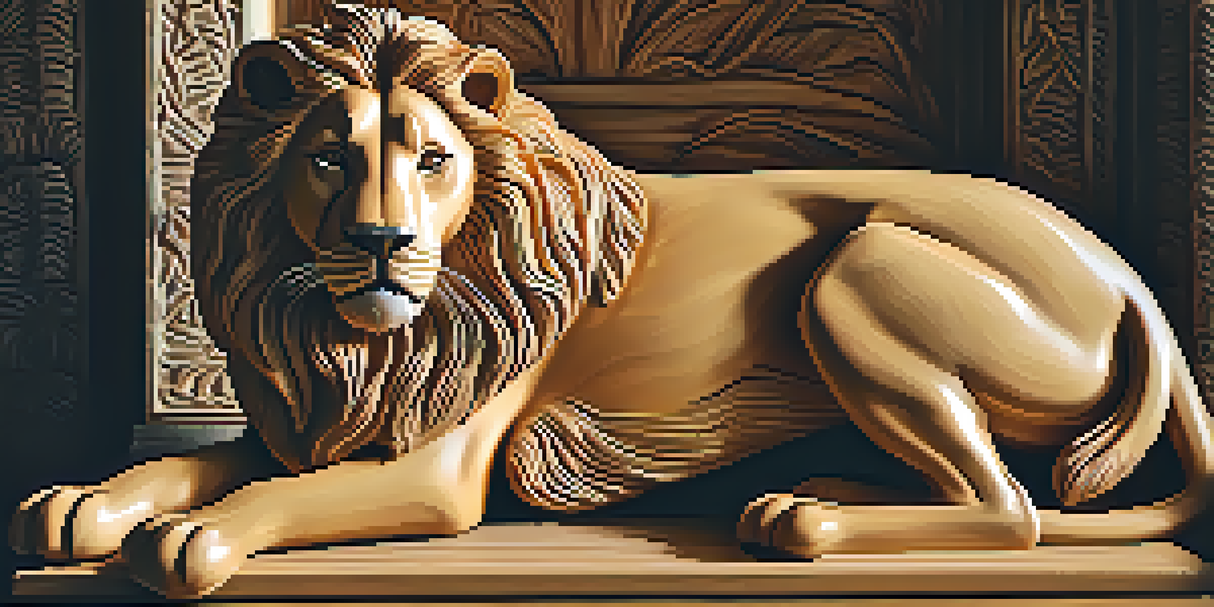 A detailed wooden carving of a lion with realistic fur and expression, illuminated with soft lighting against a blurred background.