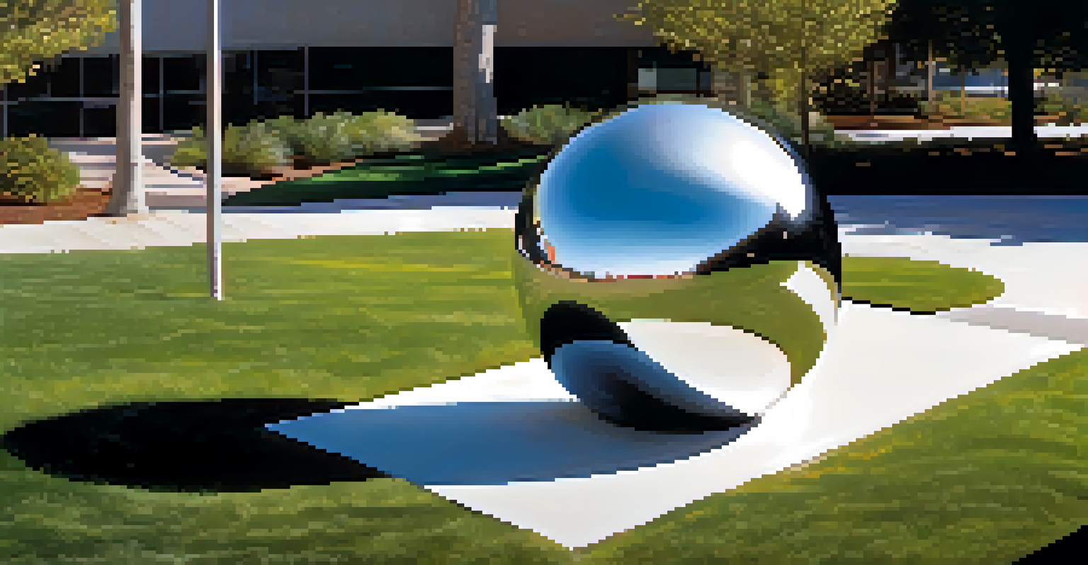 A polished metal sculpture reflecting distorted images of viewers, set in an outdoor space with sunlight creating playful shadows.