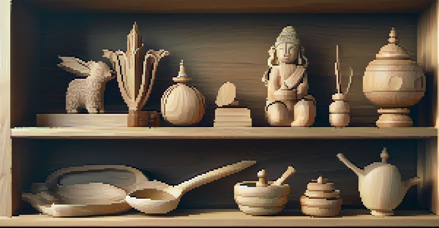 A shelf displaying various beginner wood carving projects, including a figurine, spoon, and ornament, all illuminated by natural light.