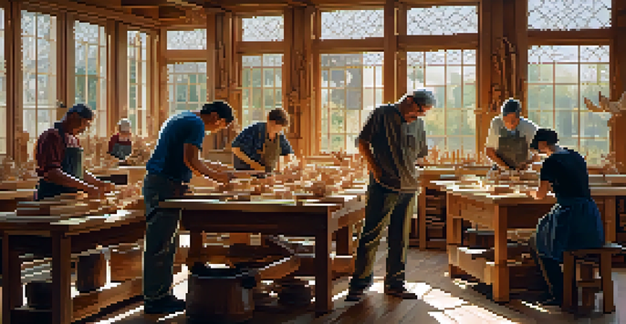 A warm and inviting carving workshop with diverse participants working on wooden sculptures, sunlight streaming in and illuminating the space.