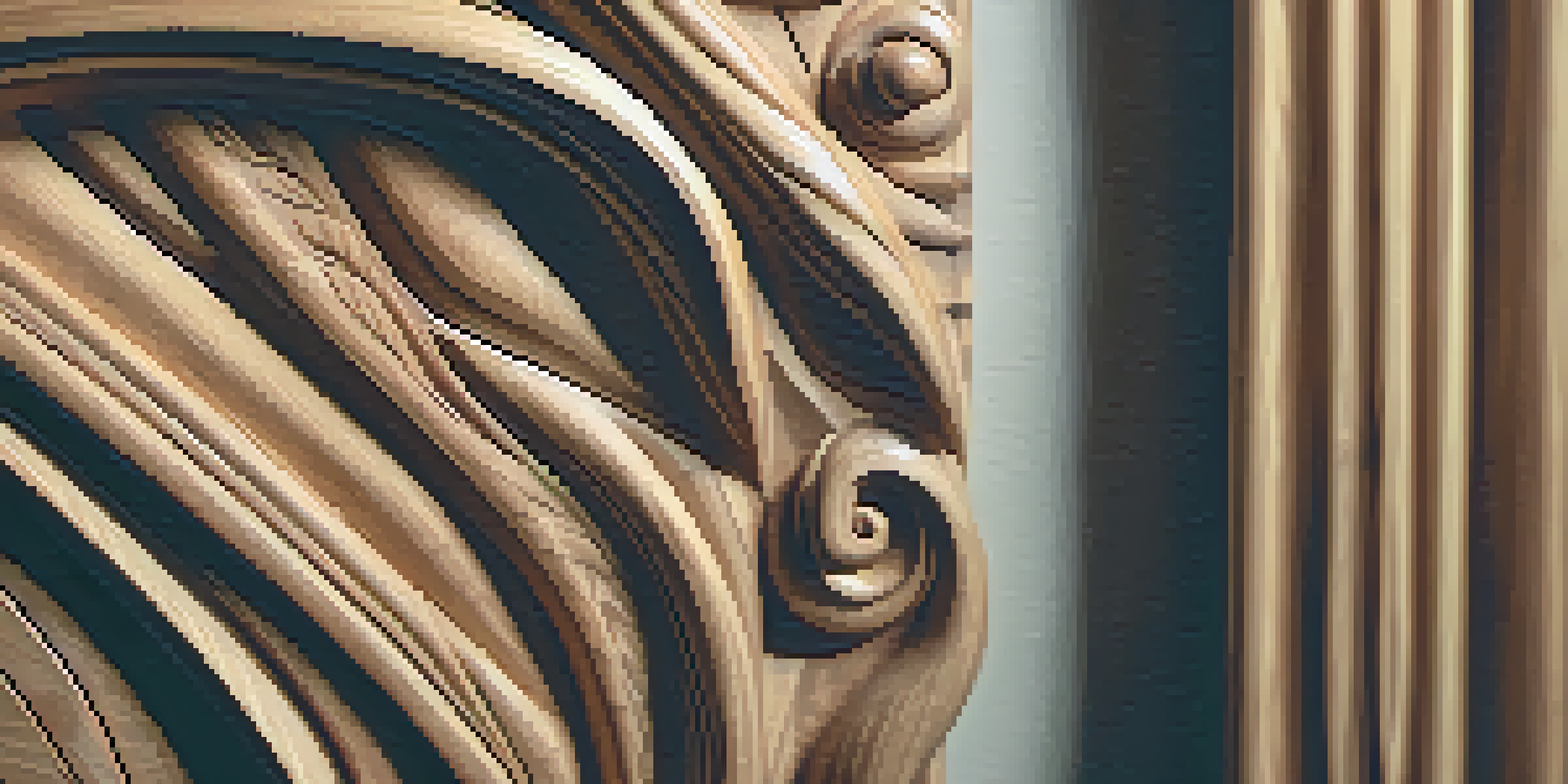 A detailed close-up of a wooden sculpture with various textures, including smooth and grooved areas, illuminated by soft lighting.