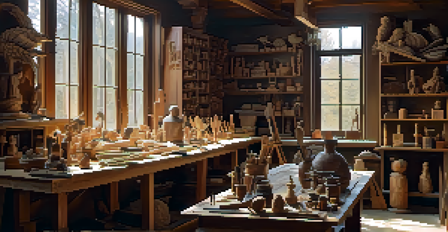 An artist's workshop filled with carving tools and partially finished sculptures, illuminated by natural light.