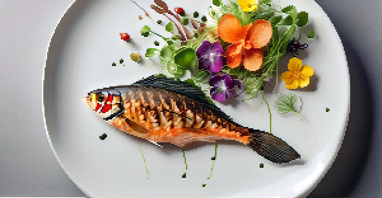 A gourmet dish with a carved vegetable butterfly garnish next to grilled fish, presented on a white plate.