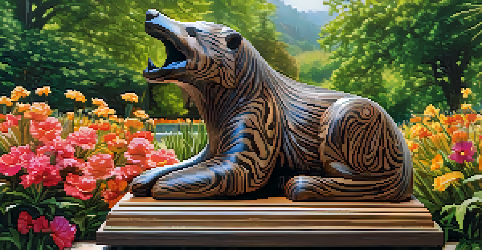 A wooden wildlife sculpture in a sunny park, surrounded by green plants and colorful flowers.