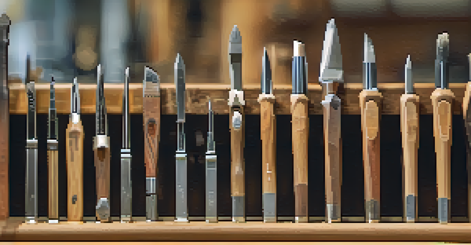 A display of various chisels on a tool rack in a workshop setting, highlighting their materials and design.