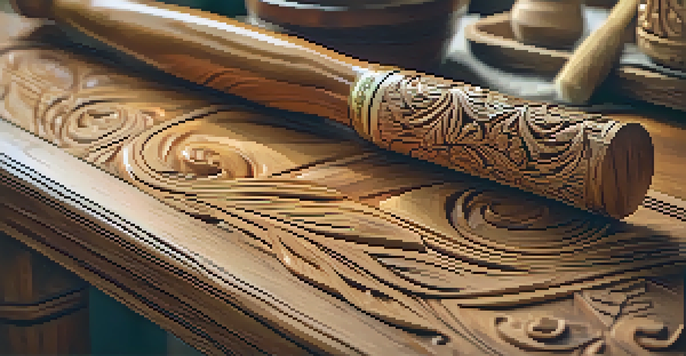 A wooden carving on a rustic table, illuminated by natural light, with finishing tools in the background.