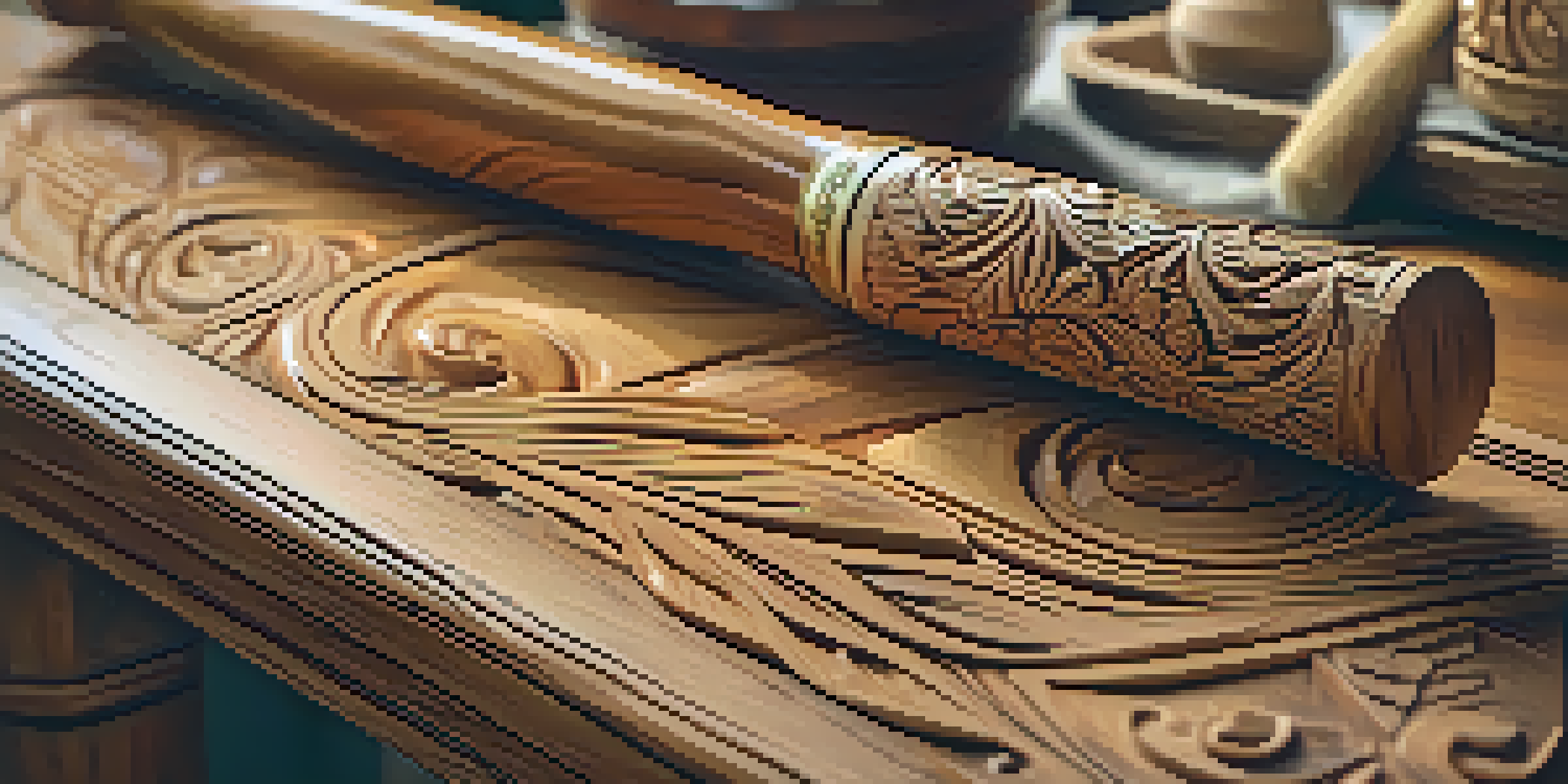 A wooden carving on a rustic table, illuminated by natural light, with finishing tools in the background.