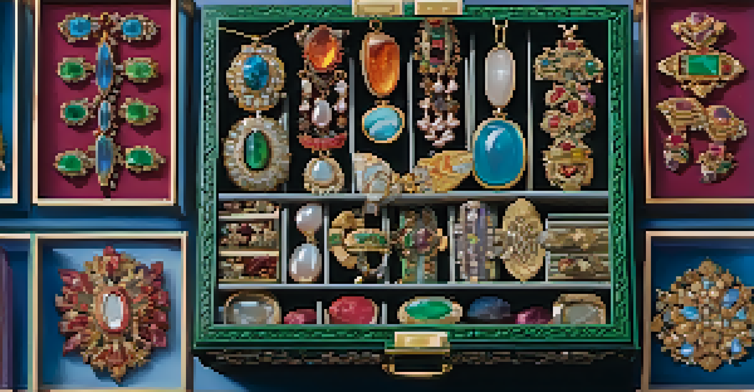 An open jewelry box lined with fabric, displaying organized carved jewelry pieces in separate compartments, beautifully illuminated to highlight their details.