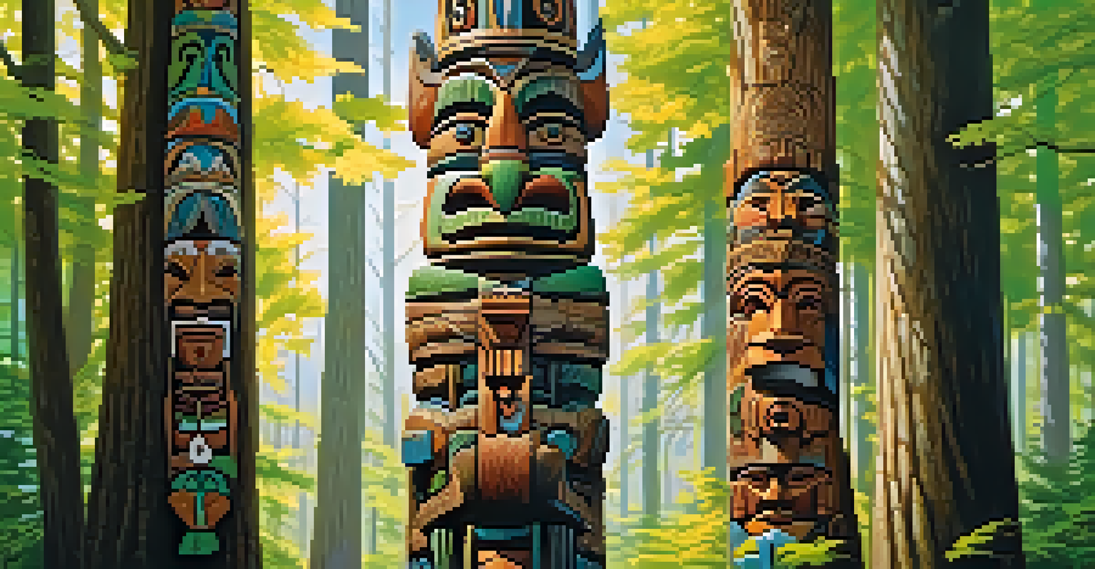 A totem pole with detailed relief carvings of animals in a forest setting, illuminated by sunlight.