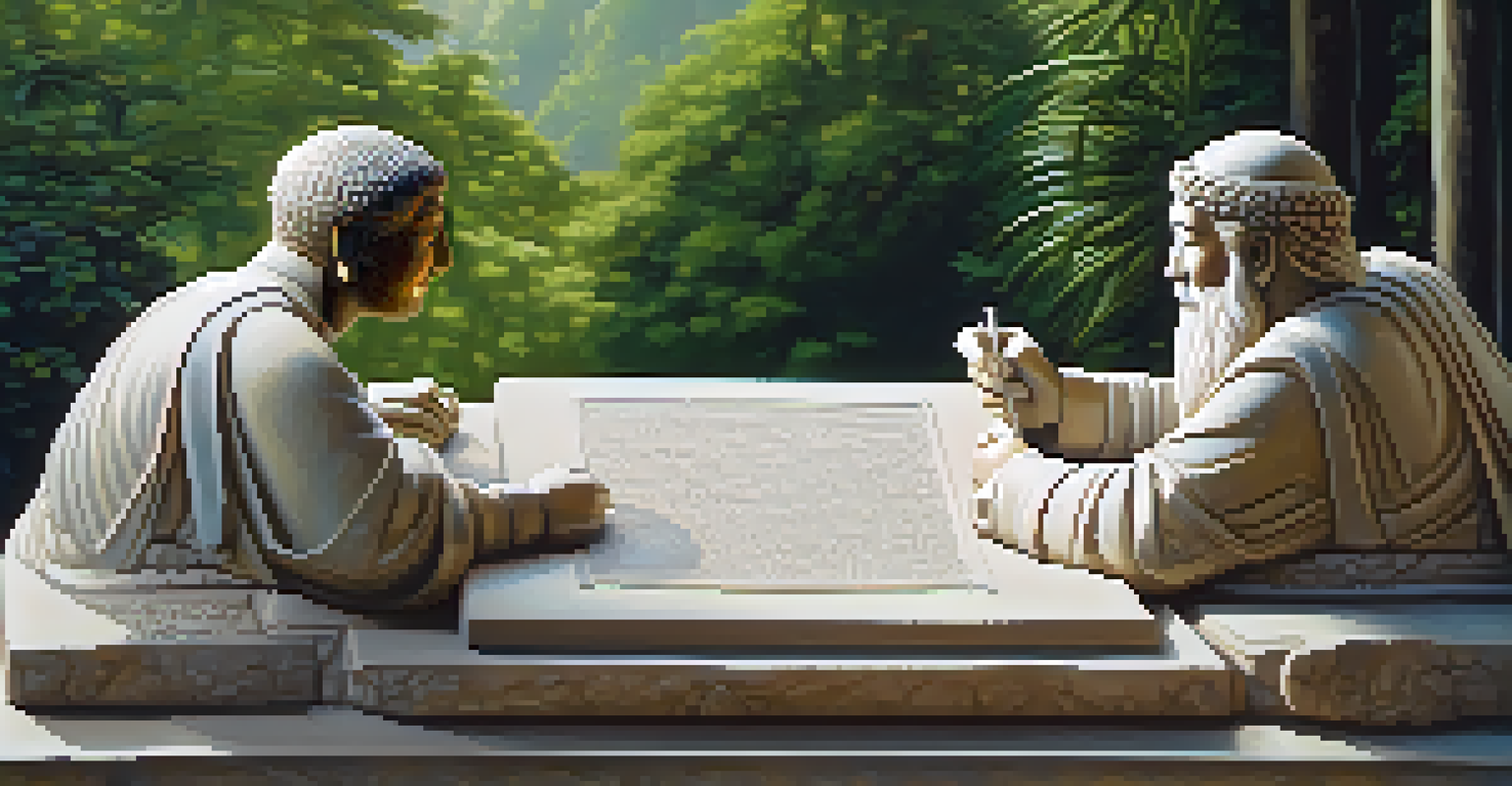 A close-up of a stone carving representing a peace treaty signing, surrounded by greenery and soft sunlight.