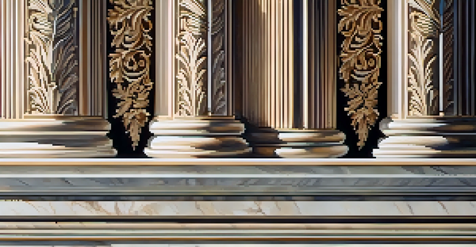 A detailed close-up of a Corinthian column with intricate carvings, illuminated by sunlight, and a classical building in the background.