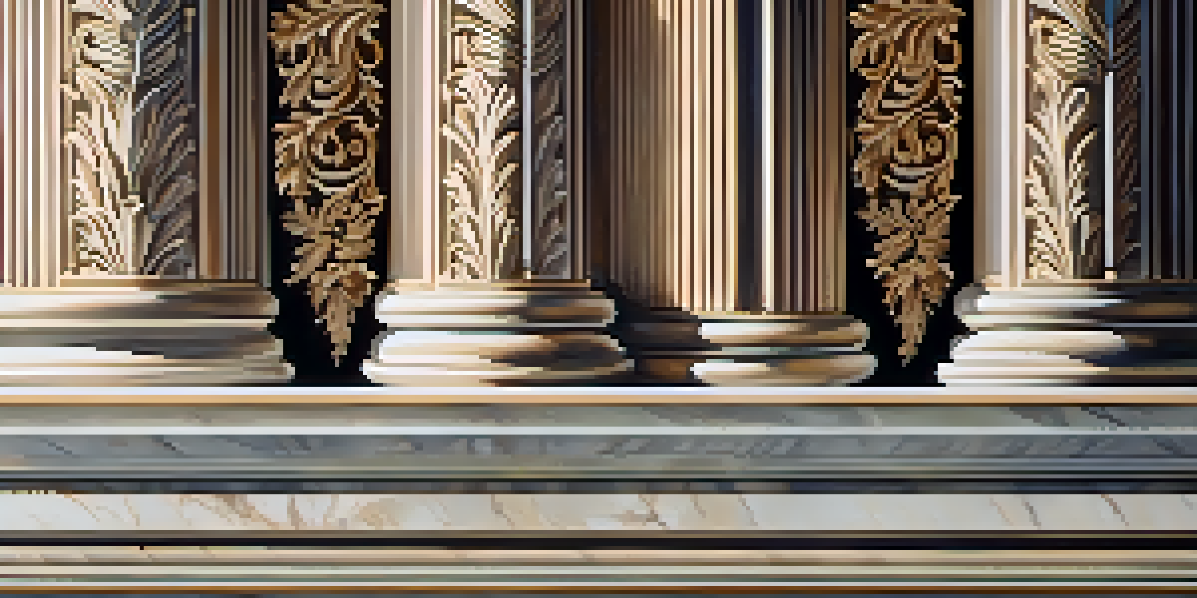 A detailed close-up of a Corinthian column with intricate carvings, illuminated by sunlight, and a classical building in the background.