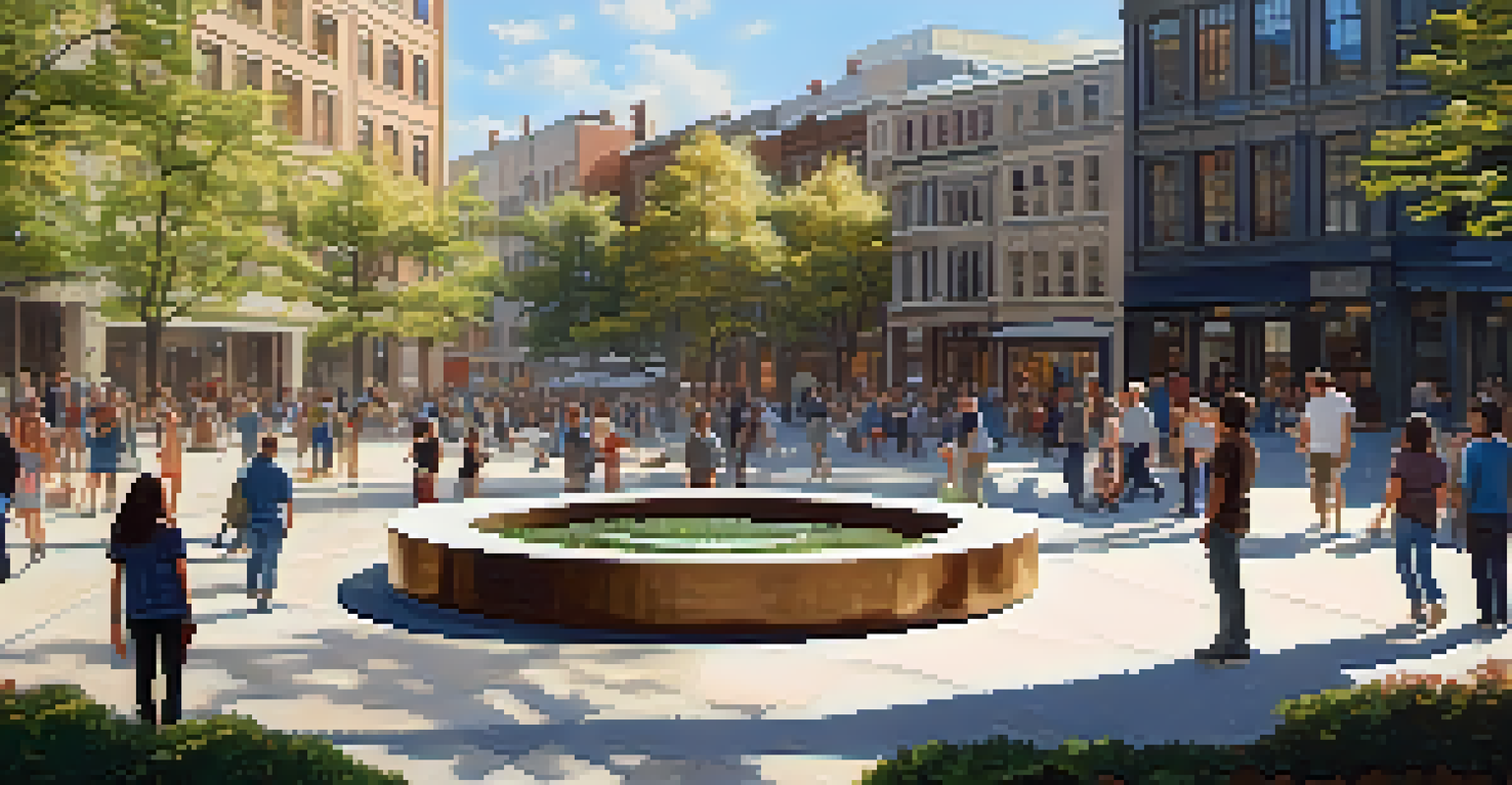 A unique sculpture in a city square with people enjoying the space, bathed in warm sunlight.