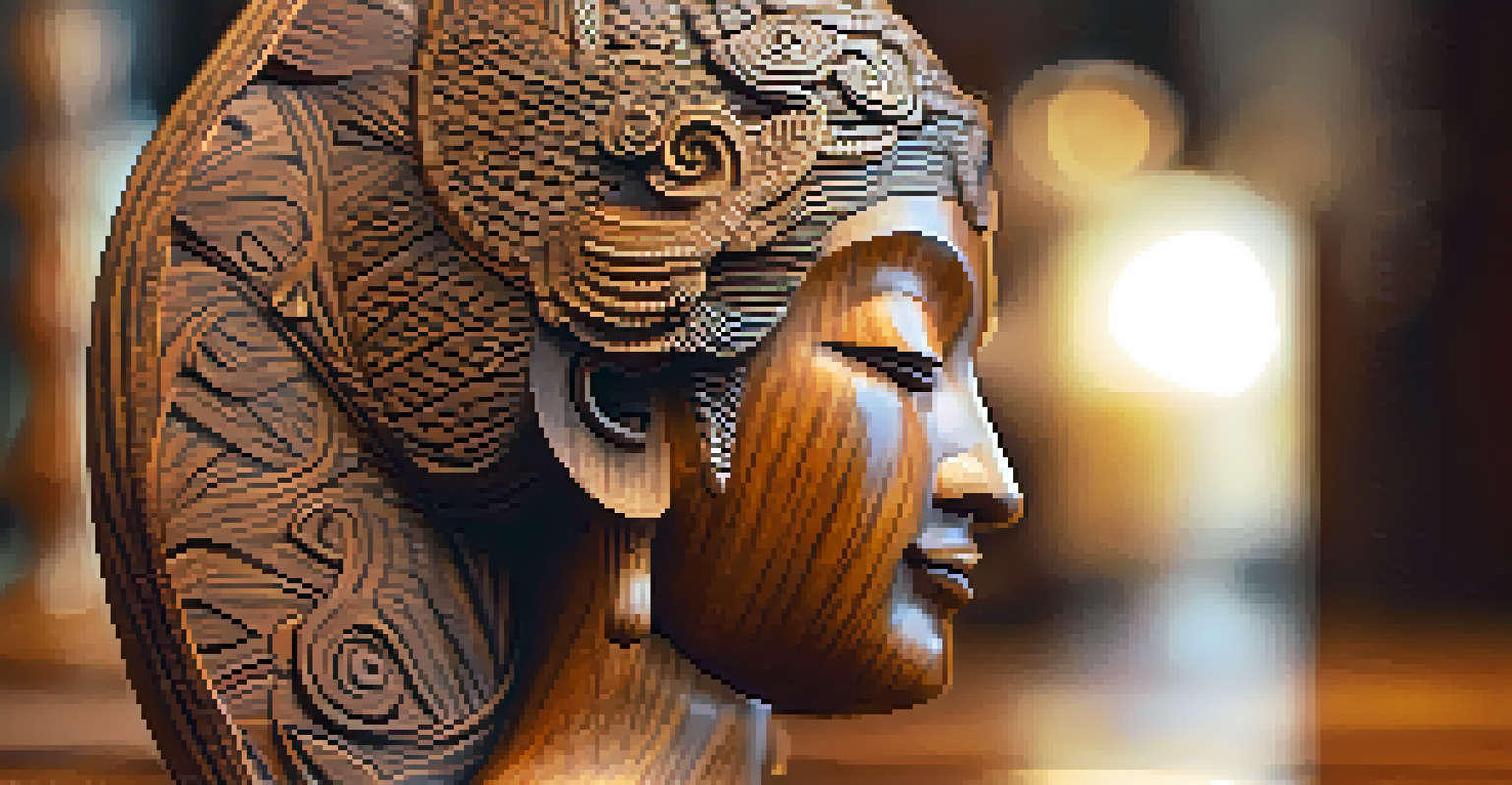 A detailed close-up of a carved wooden sculpture on a table, with art supplies in the background.