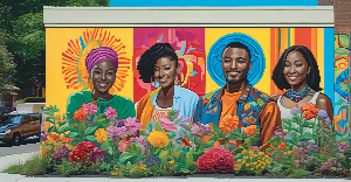 A colorful mural illustrating diverse people participating in artistic activities, surrounded by a sunny urban environment filled with greenery.